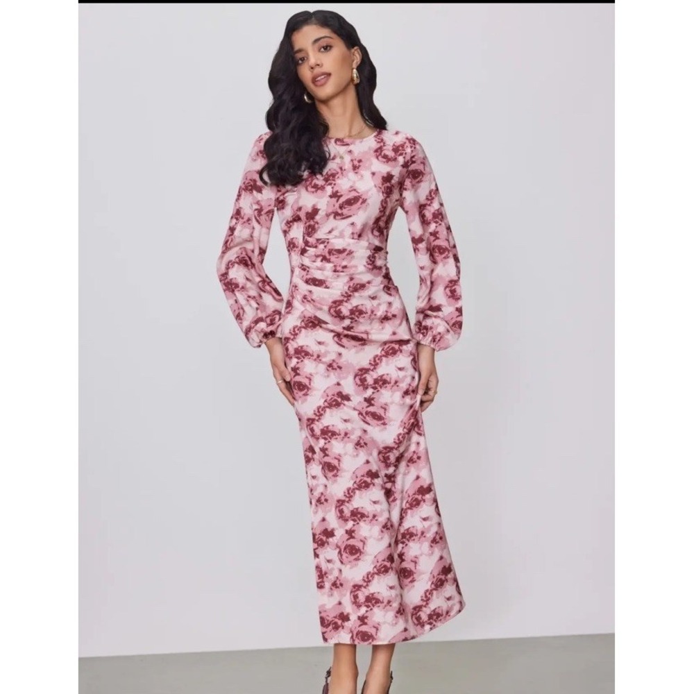 Cider Pink Floral Ruched Maxi Dress Long Sleeves Modest Sz XS Rose